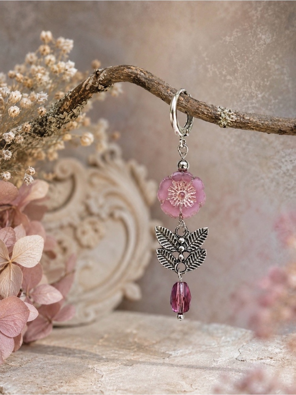 Pink Czech Glass Flower Earrings, Silver Leaf Dangle Leverbacks - Picture 5 of 5